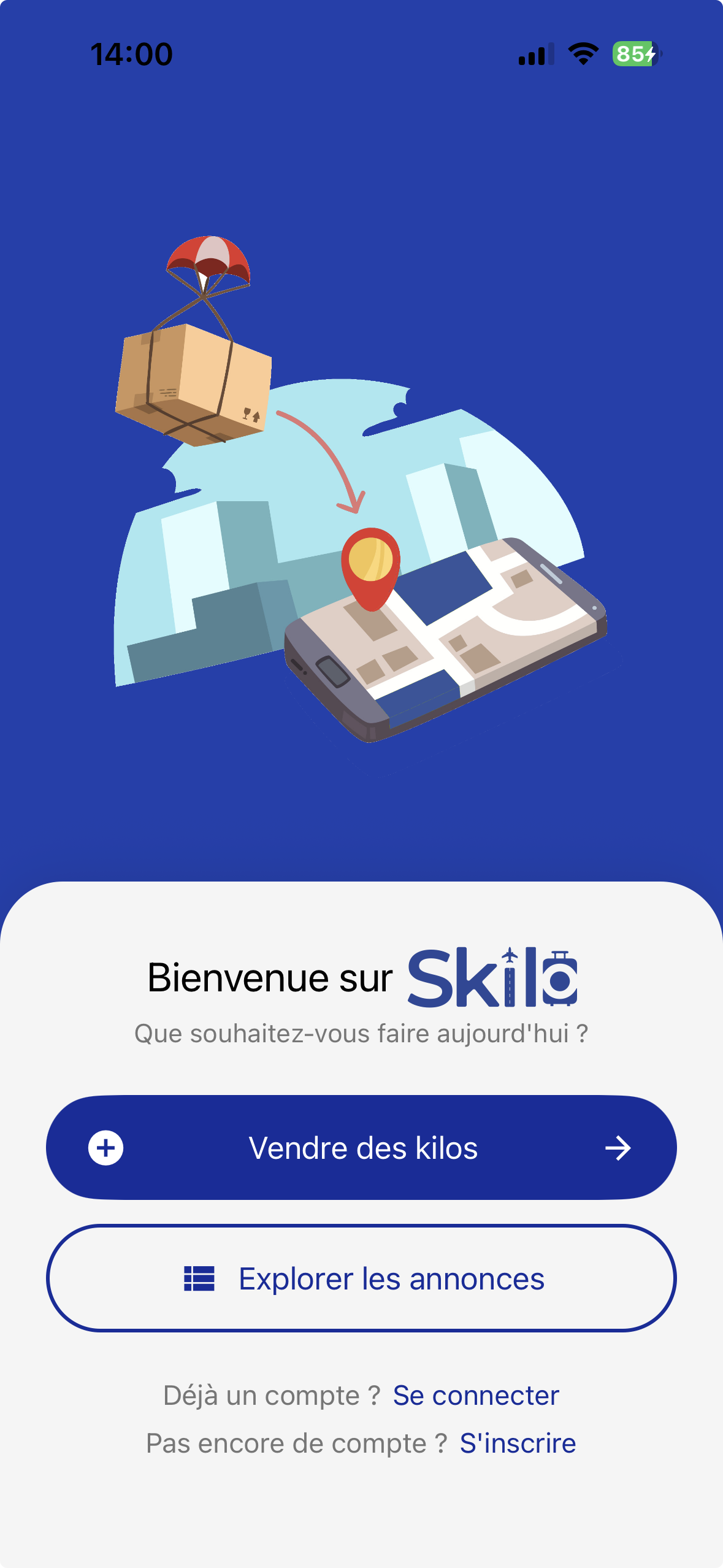 Écran d'accueil de l'application Skilo